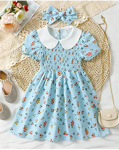 فستان بطباعة أزهار اقحوان ياقة سحري اكمام منتفخة مع عصابة رأس للبنات الصغار