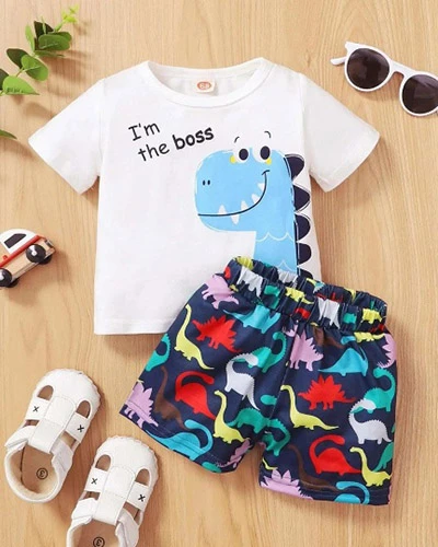 تيشيرت وشورت بطبعة ديناصور كرتونية للاولاد