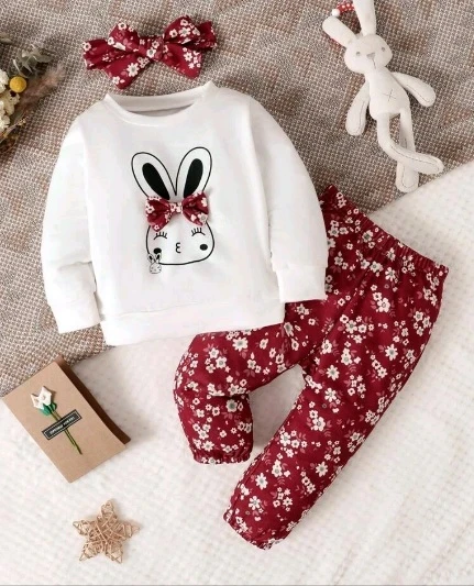 بلوفر الأطفال الرضع فتاة بعقدة على الأمام وطبعة ارنب وبنطال طويل بطية زهرية وشريط رأس