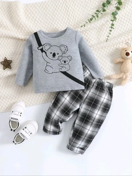 مجموعة تي شيرت طفل رضيع مطبوعة برسم الكوالا وبنطلون مربعات عشوائية للأولاد