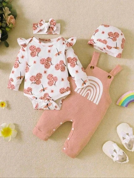 للبنات الاطفال طباعة الأزهار مقلم بكشكش بوديسوت & طباعة القوس القزحي جمبسوت بحمالات & قبعة مع عقال الرأس